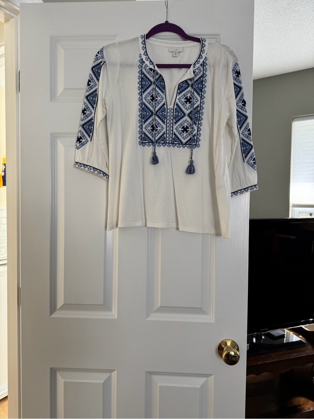 J. Jill Cream Tunic with Blue Embroidered Panels